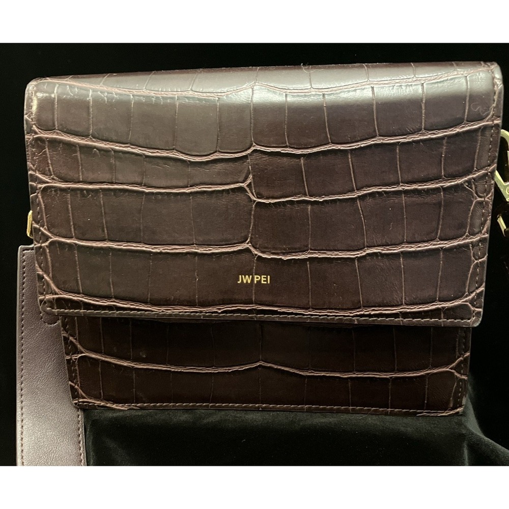 JW PEI Mini Flap Black Crossbody Bag Vegan Leather Croc Push Lock Women's Purse